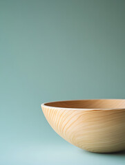 Close up of a light wooden bowl with prominent grain on a soft blue background
