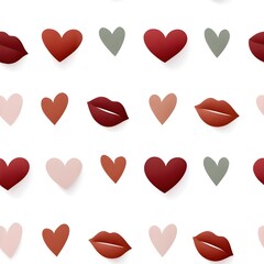 A seamless pattern featuring red lips and hearts in warm, earthy tones on a white background. Perfect for Valentine's Day, romantic designs, beauty themes, and decorative projects.