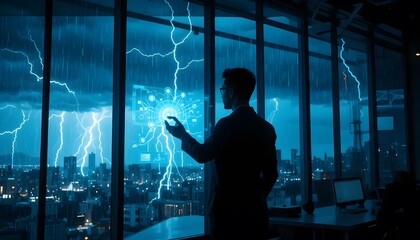 Man interacting with holographic interface during thunderstorm over city skyline view