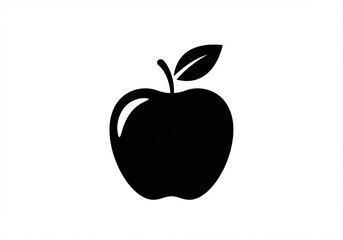 Simple black silhouette of an apple with a leaf and stem on a white background