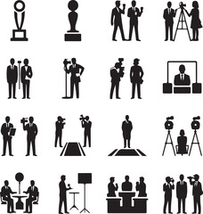 "20 Black Silhouette Pictogram Icons Representing Media, Journalism, Reporting, Interviews, and Broadcasting Activities"