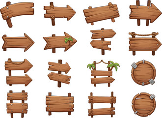 Fototapeta premium Collection of various wooden signs and directional arrows with a rustic and weathered appearance