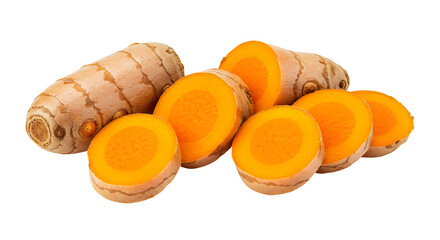 Sliced turmeric roots on a black backdrop showcasing the bright orange interior