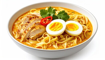 Bowl of flavorful noodles with chicken and egg