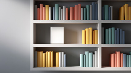 白い表紙の本が際立つカラフルな書籍コレクション | 対比効果