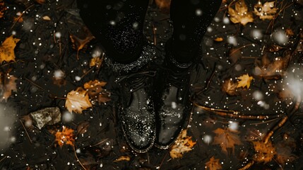 Boots in the winter forest with snowflakes falling on autumnal leaves in the woods