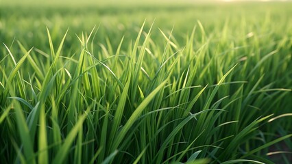 Fototapeta premium Closeup of fresh green grass blades in natural sunlight during spring season