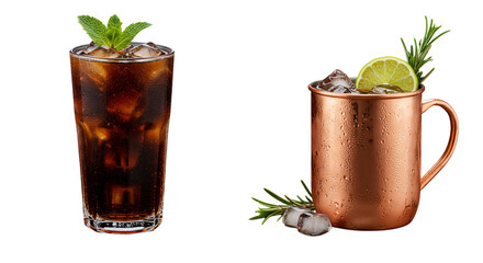 Refreshing beverages featuring a highball glass with mint and copper mug with lime, against black.