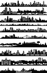 Collection of diverse cityscape silhouettes featuring modern and traditional architecture with natural elements