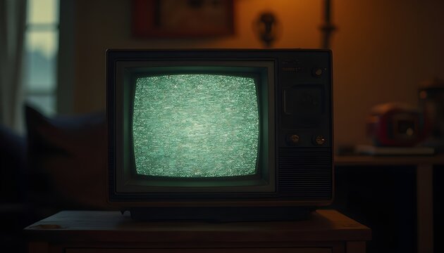 Vintage CRT Television Showing Static in Dimly Lit Room
