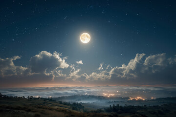 Fototapeta premium Enchanting night sky featuring a full moon, soft clouds, and sparkling stars over a peaceful landscape ideal for stargazing at dusk