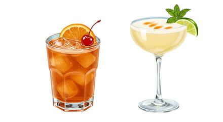 Two vibrant cocktails sit side-by-side, one an amber highball, the other a creamy yellow coupe.