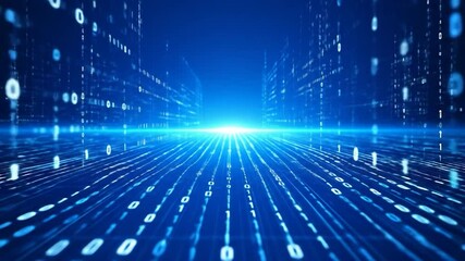 Digital binary code streams into the distance, bright light at the horizon, on blue - Powered by Adobe