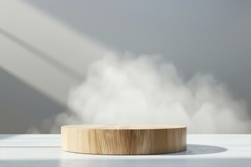 Elegant wooden podium display stand for product presentation in a minimalist studio with soft smoke and natural light shadows
