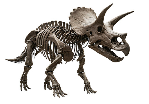 Triceratops skeleton a fossilized dinosaur with large horns on a black background