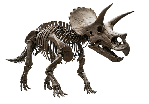 Triceratops skeleton a fossilized dinosaur with large horns on a black background