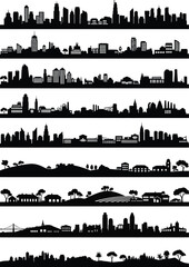 Obraz premium Collection of diverse city and town silhouettes featuring skyscrapers houses and natural landscapes