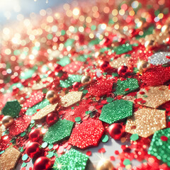 Top View of Festive Christmas Glitter in Red, Green, and Gold