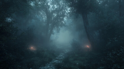Obraz premium Magical fireflies glow in misty forest during twilight high resolution picture