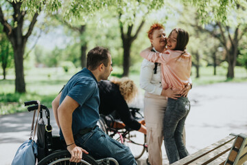 Joyful moment of friendship among diverse individuals enjoying company on a sunny day in the park,...