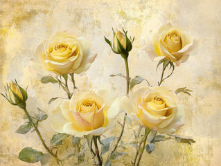 Yellow roses with delicate petals and green stems are set against textured, vintage style background, creating romantic and nostalgic atmosphere
