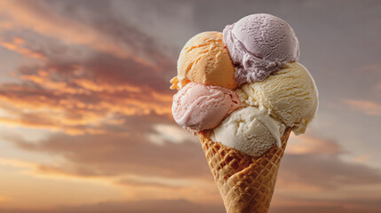 beautiful ice cream cone with multiple scoops of colorful ice cream perfectly placed against vibrant sunset