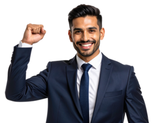 Successful Businessman Making Victory Gesture – Celebratory Pose with Raised Fist, Transparent Background
