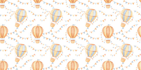 Seamless pattern with watercolor vintage hot air balloon and garland. Hand drawn illustrations for kids and baby in beige colors.