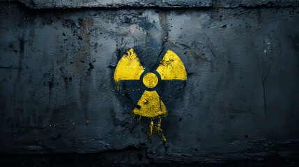 A yellow radiation symbol on a rough cement wall signals nuclear danger from ionizing radiation in a dark, textured environment. 