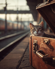 Curious cat peeking out of an open suitcase on a train station platform