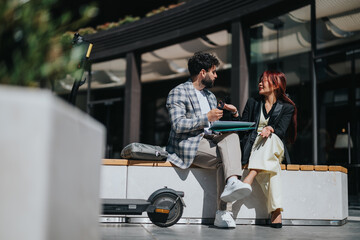 A man and a woman engaged in conversation outdoors. They appear professional, seated next to a...