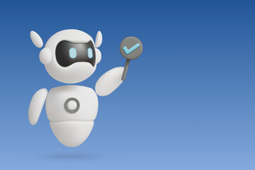 3D rendering of a Robot hold up a sign on a blue background.