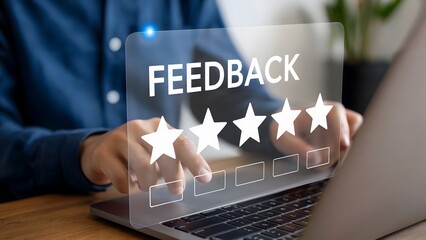 Person using a laptop for online feedback review with stars and rating system, offering insights into customer satisfaction, and enhancing service quality through review insights.