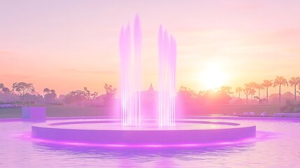 Illuminated fountain at dawn in a park.