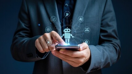 Businessman using smartphone with futuristic robot and technology icons interface overlay