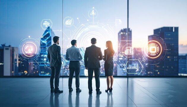 Business people looking at a city skyline with digital interface - Powered by Adobe