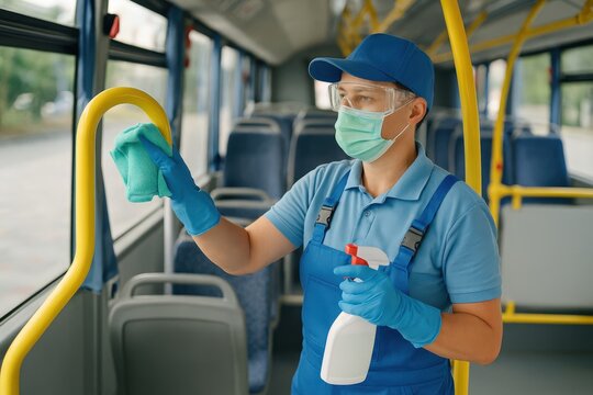Cleaning staff disinfects handrails inside public transport. Wearing gloves, mask, and goggles. Concept of hygiene, disease prevention, safety measures, public health care - Powered by Adobe