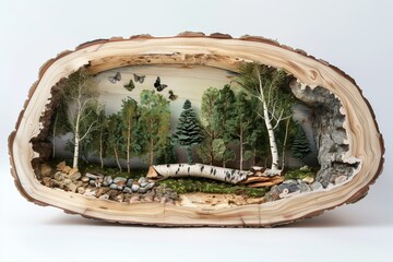 Enchanting miniature forest diorama encased in a natural tree trunk, featuring birch, pine trees, moss, rocks, and butterflies, evoking tranquility and artistic craftsmanship for eco-themed designs.
