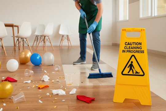Cleaning after event or party. Janitor in gloves sweeping trash, balloons, cups, and confetti. Caution sign visible. Concept of maintenance, hygiene, post-event cleanup, workplace safety - Powered by Adobe