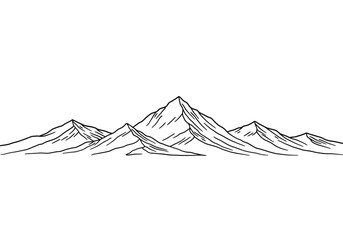 Mountains landscape drawing. It is a black and white outline image of a range of mountains with jagged peaks, depicting a rugged natural environment. Vector sketch line art draw.