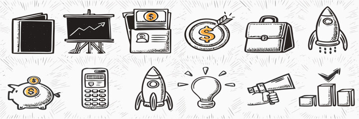Business Startup Icons: Hand-Drawn Finance & Growth Illustrations