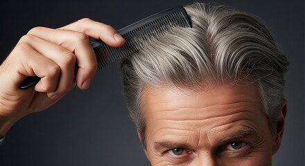 Middle-aged man combing gray hair close-up portrait
