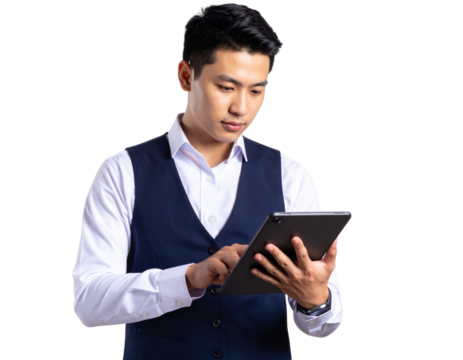 Businessman Using Tablet Device – Interactive Tech Concept in Formal Attire, Transparent Background