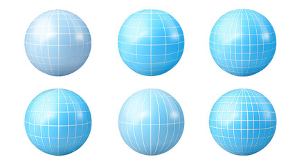 Six blue spheres with grid lines isolated on white background