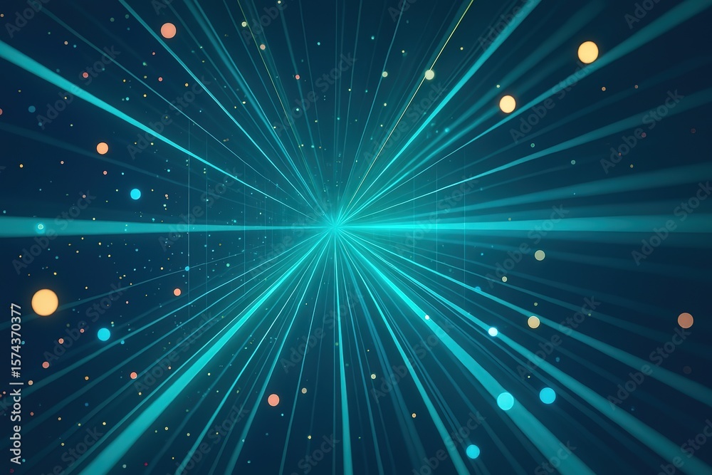 Fototapete abstract teal light rays exploding from a central point with floating bokeh orbs