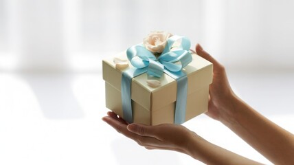 Hands holding a simple kraft paper gift box tied with a luxurious blue satin ribbon