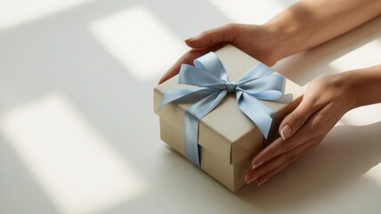 Hands holding a simple kraft paper gift box tied with a luxurious blue satin ribbon