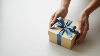 Hands holding a simple kraft paper gift box tied with a luxurious blue satin ribbon