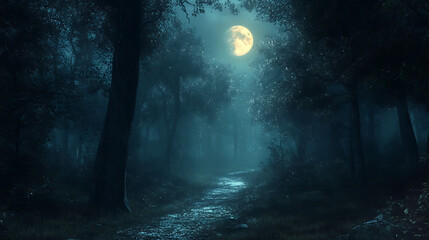 Misty forest trail with glowing full moon view high resolution picture