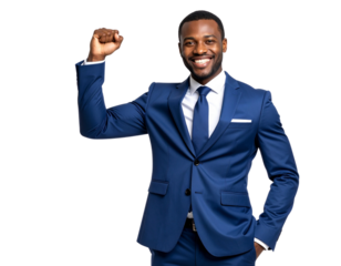 Successful Businessman Making Victory Gesture – Celebratory Pose with Raised Fist, Transparent Background
